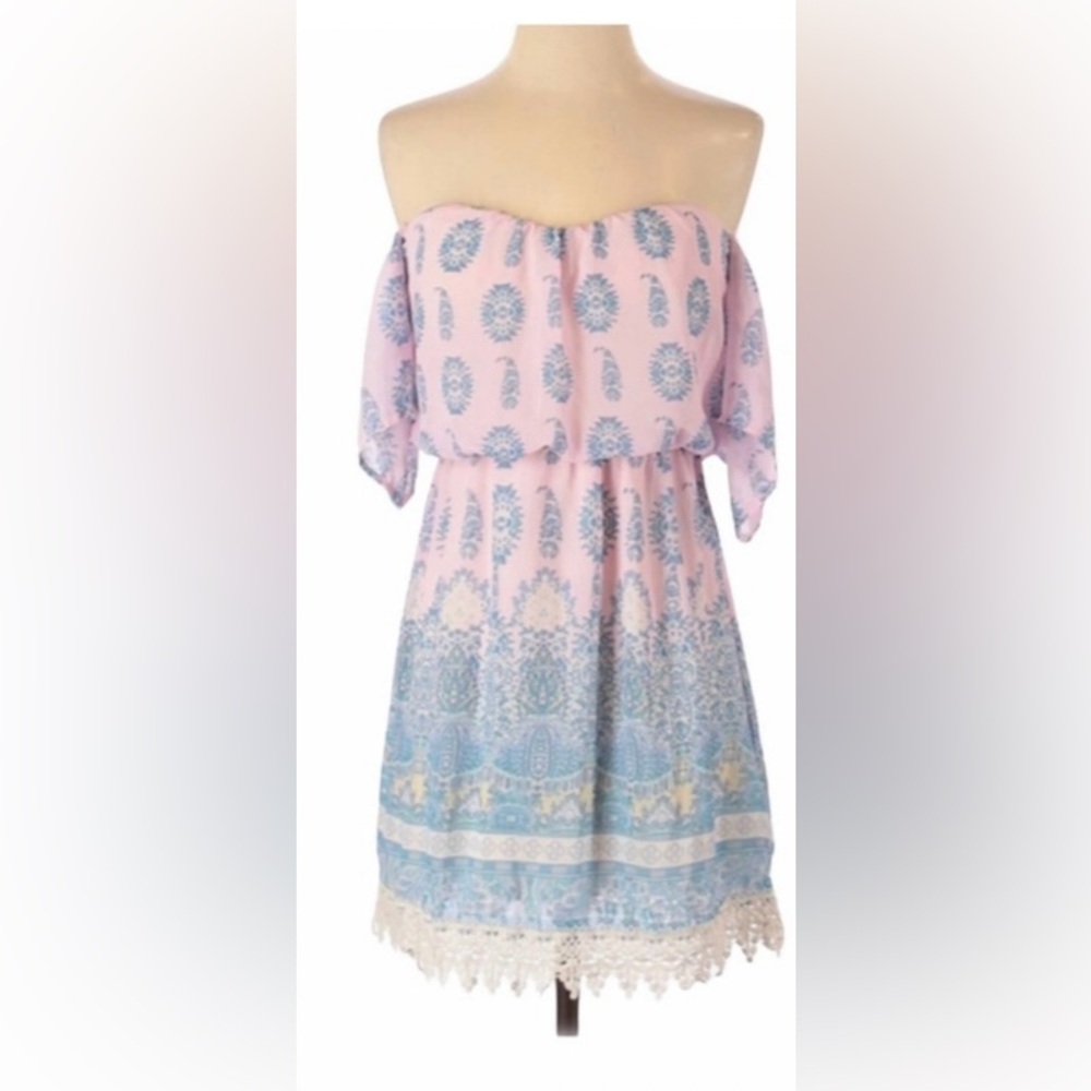 Socialite Pink and Light Blue Off-Shoulder Mini Dress
